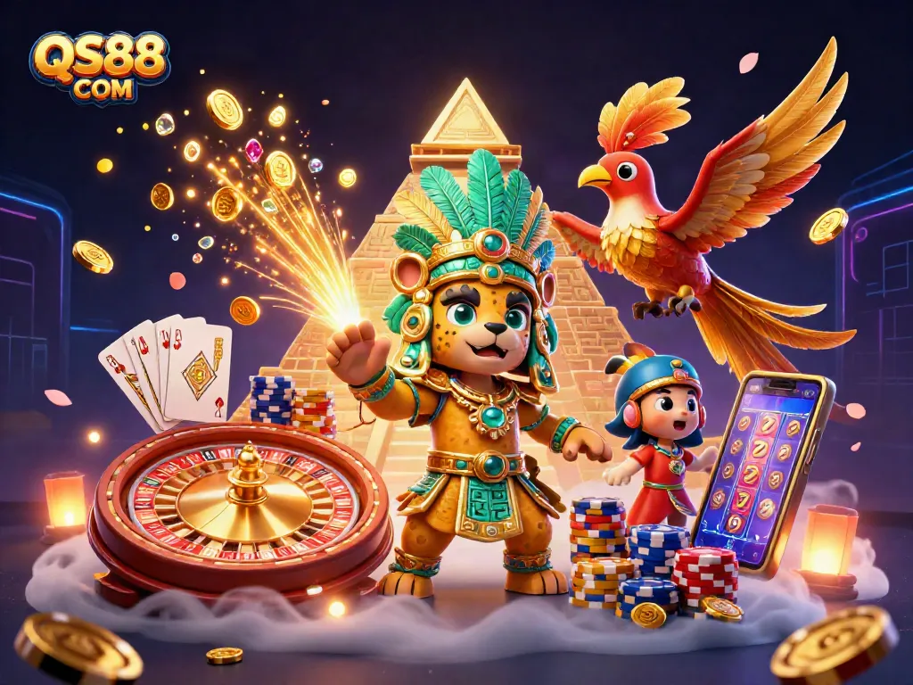 Experience thrilling gameplay at QS88 COM with a vibrant 3D illustration of an online casino adventure.