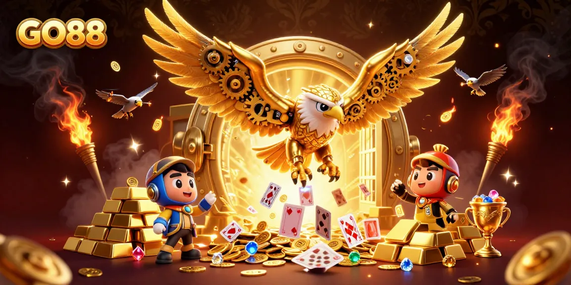 Experience thrilling wins with GO88's vibrant 3D casino illustration featuring golden treasures and cybernetic eagles.