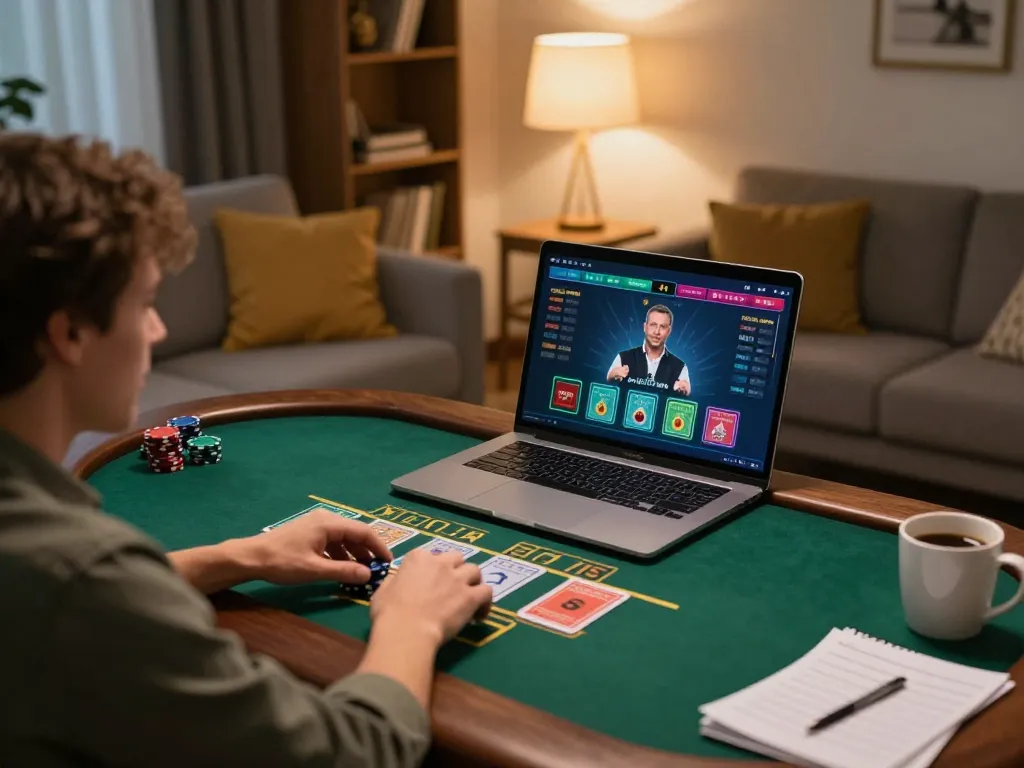 Player enjoying a thrilling blackjack session on hz88, highlighting live dealer interaction and cozy home atmosphere.