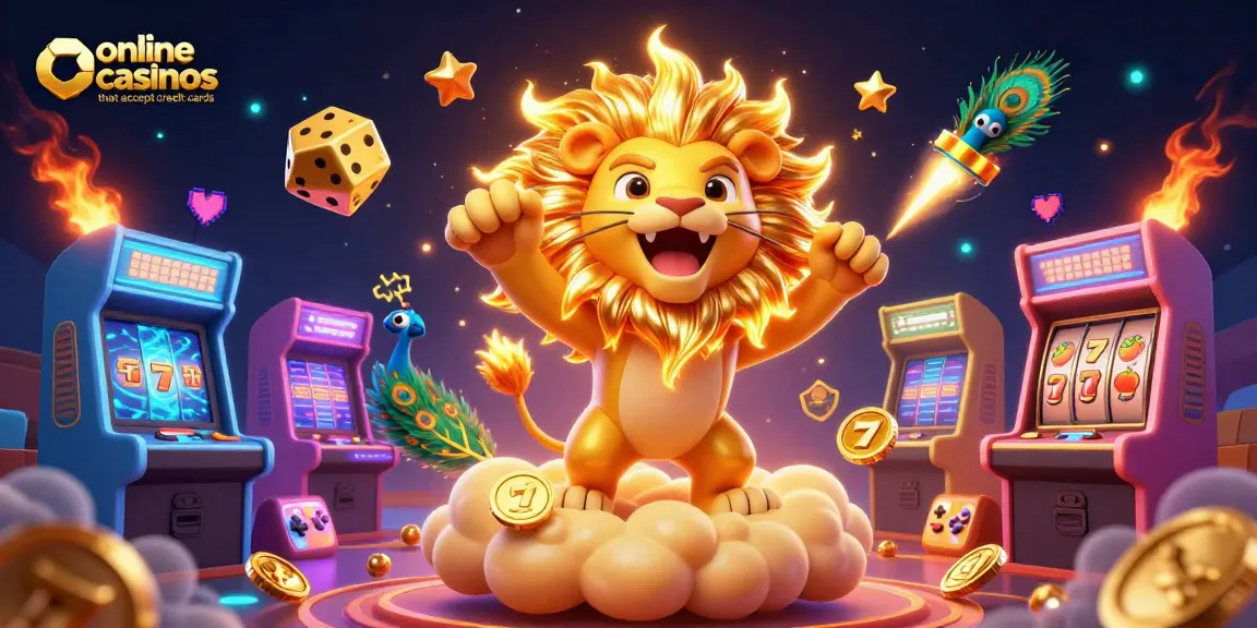 Engage with online casinos that accept credit cards for exciting gameplay featuring a roaring sun lion and vibrant gaming elements.