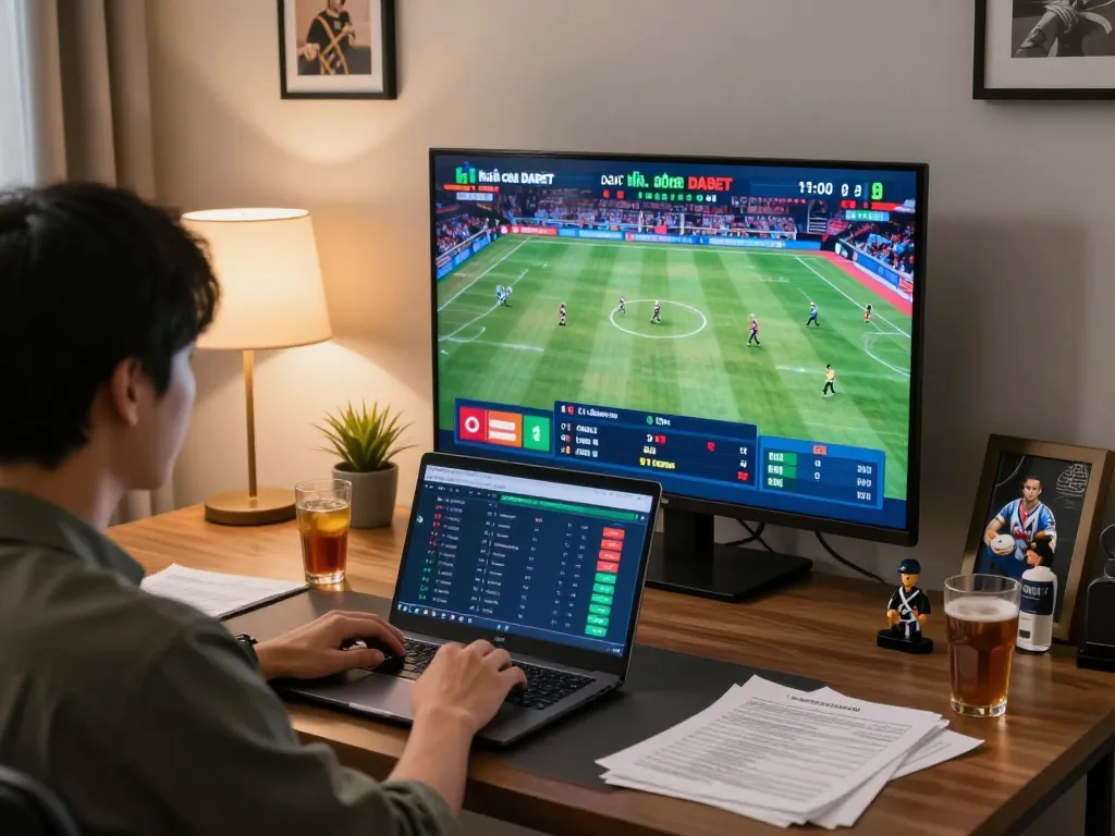 Engaging sports betting scene with user analyzing odds on Nhà cái DABET platform