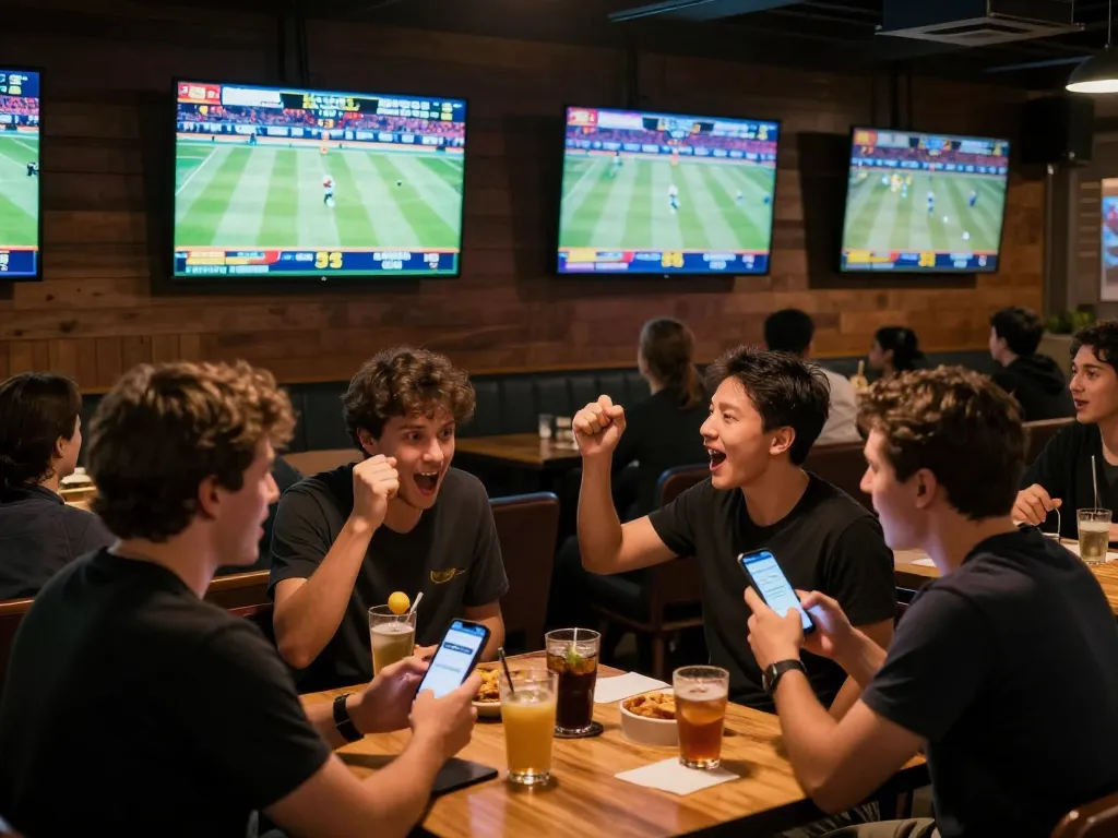 Excited fans engaging in sports betting at fabet88z, watching live games and using betting apps.