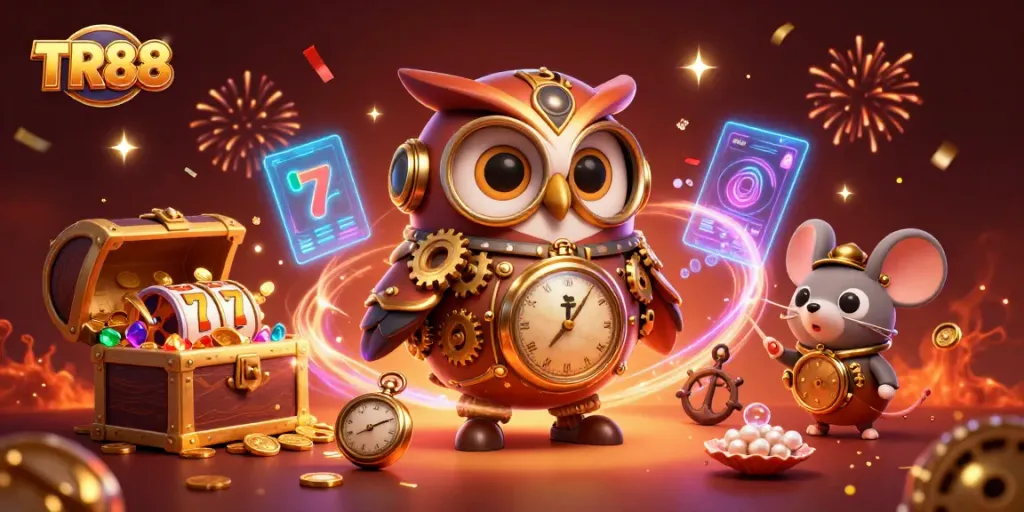 Experience TR88's thrill with a vibrant 3D casino scene featuring playful characters and jackpot thrills.