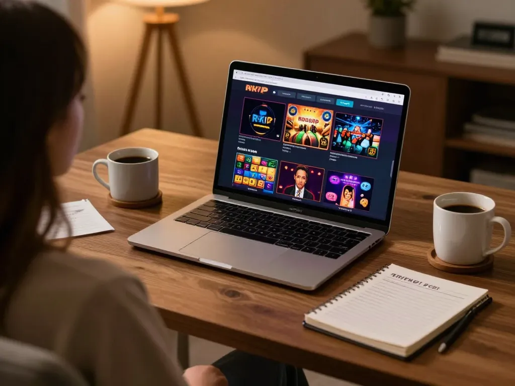 RIKVIP online gaming setup showing exciting poker game activity on a modern laptop