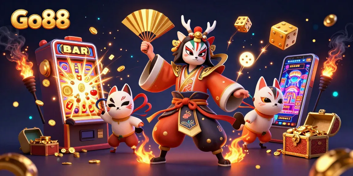Play with Go88's captivating games featuring a kabuki warrior and dynamic slot elements.