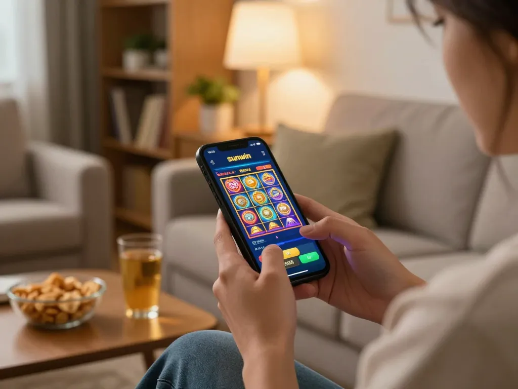 Engaging scene of mobile gaming on Sunwin app, highlighting features of tải sunwin with vibrant slot games.