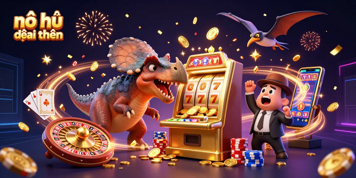 Experience the excitement of nổ hũ đổi thưởng as a giant pachycephalosaurus engages with slots in a dynamic scene filled with winnings.