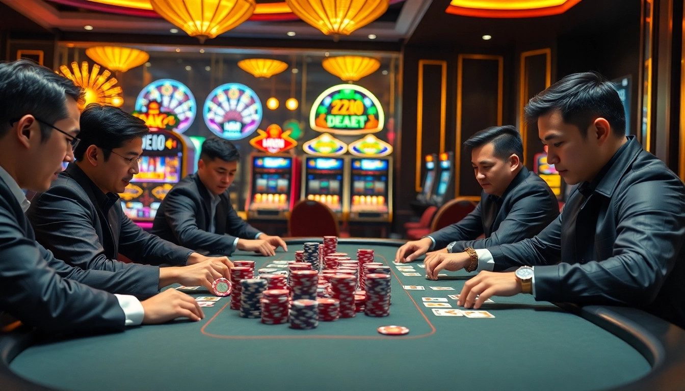 Engaging poker players at Trang Chủ DEBET showcase thrilling casino action with vibrant backgrounds and professional atmosphere.
