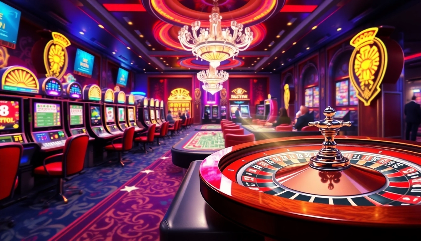 Casino scene with players gambling at tables and slots highlighting https://bl555.exchange/ for an exciting experience.