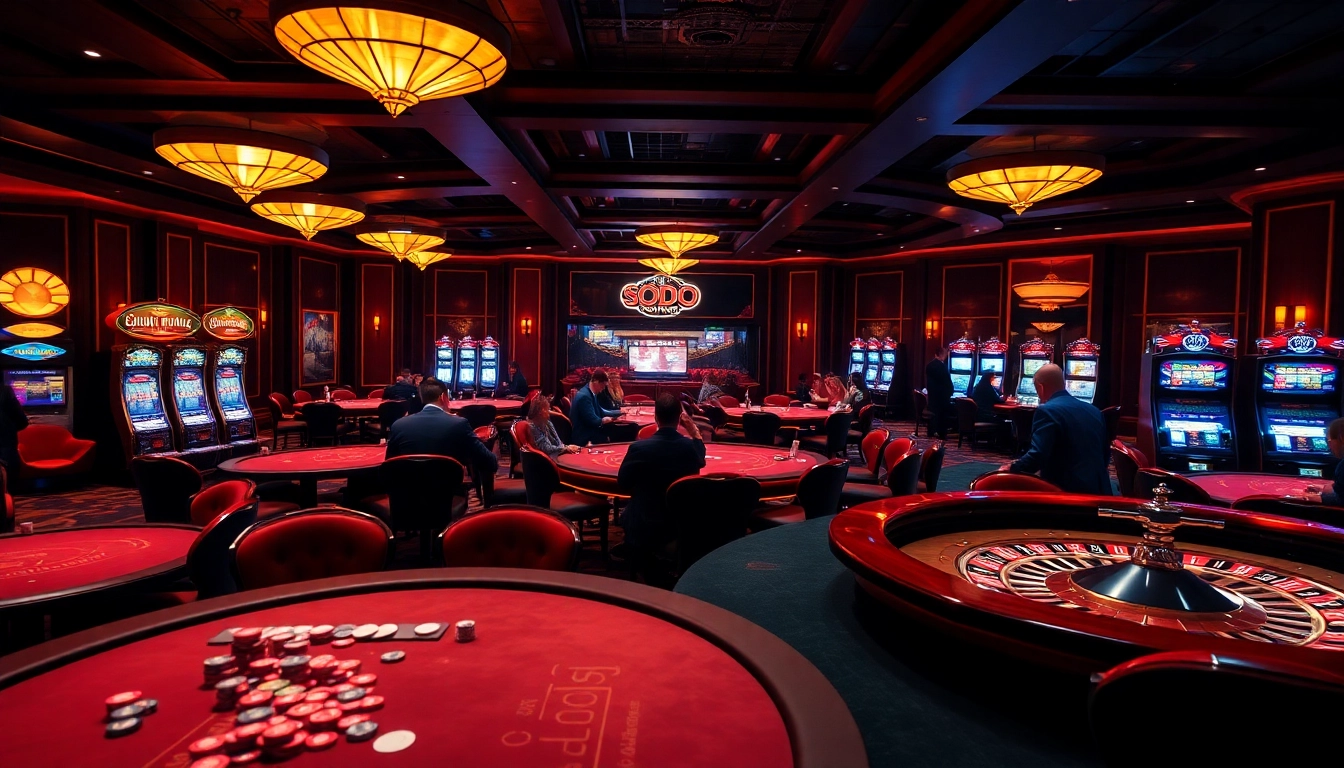 SODO CASINO 66 showcases an exciting gambling scene with elegant casino tables and vibrant players.