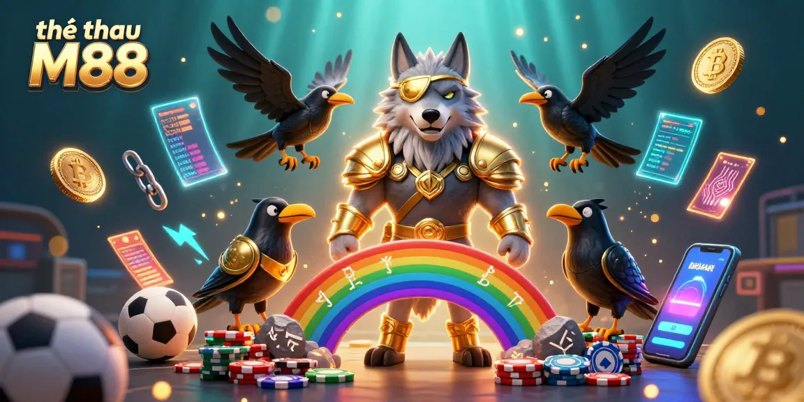Bet on thể thao M88 with the engaging cartoon scene of Odin and his ravens amidst sports elements.