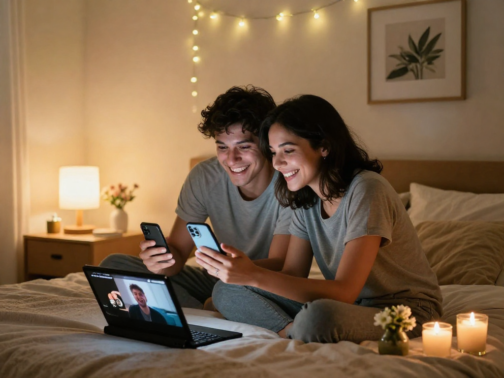 Couple enjoying a playful video chat, highlighting ai chat porn in a cozy, intimate bedroom.