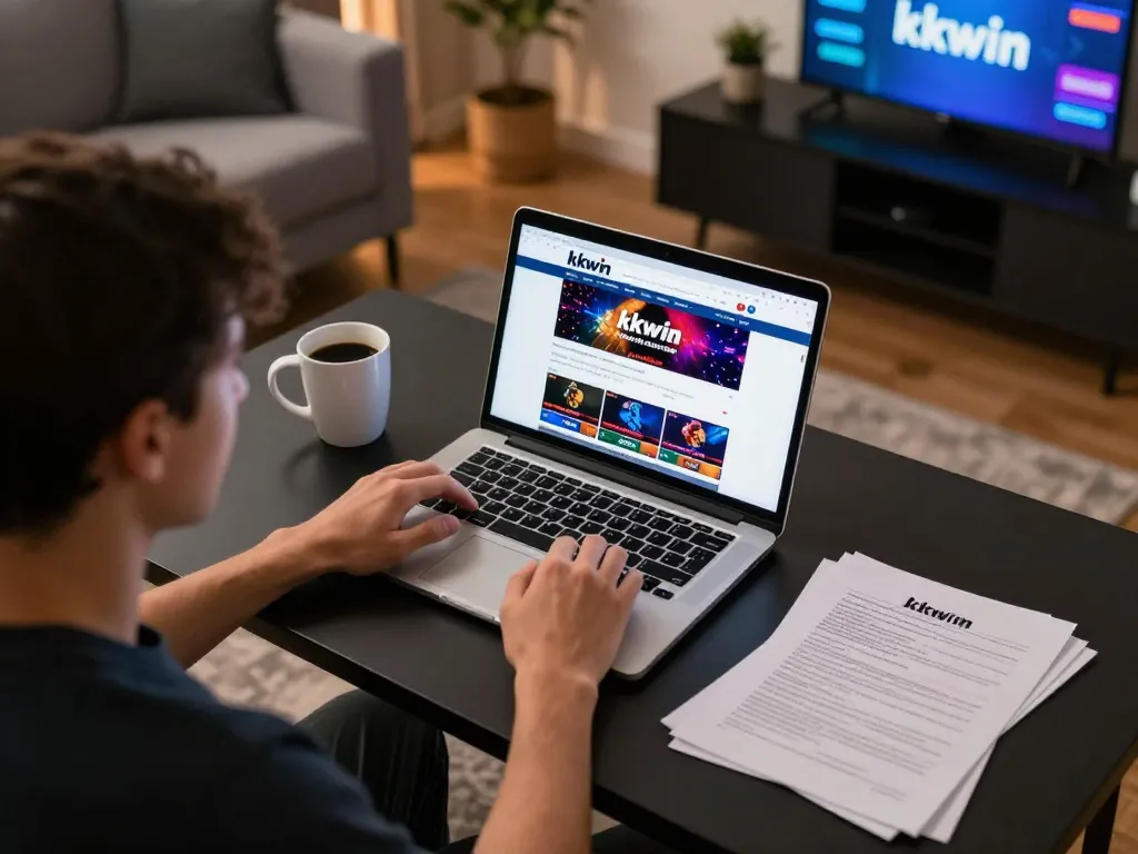 Engaged player using kkwin online casino platform at home desk with strategic notes and warm ambient lighting.