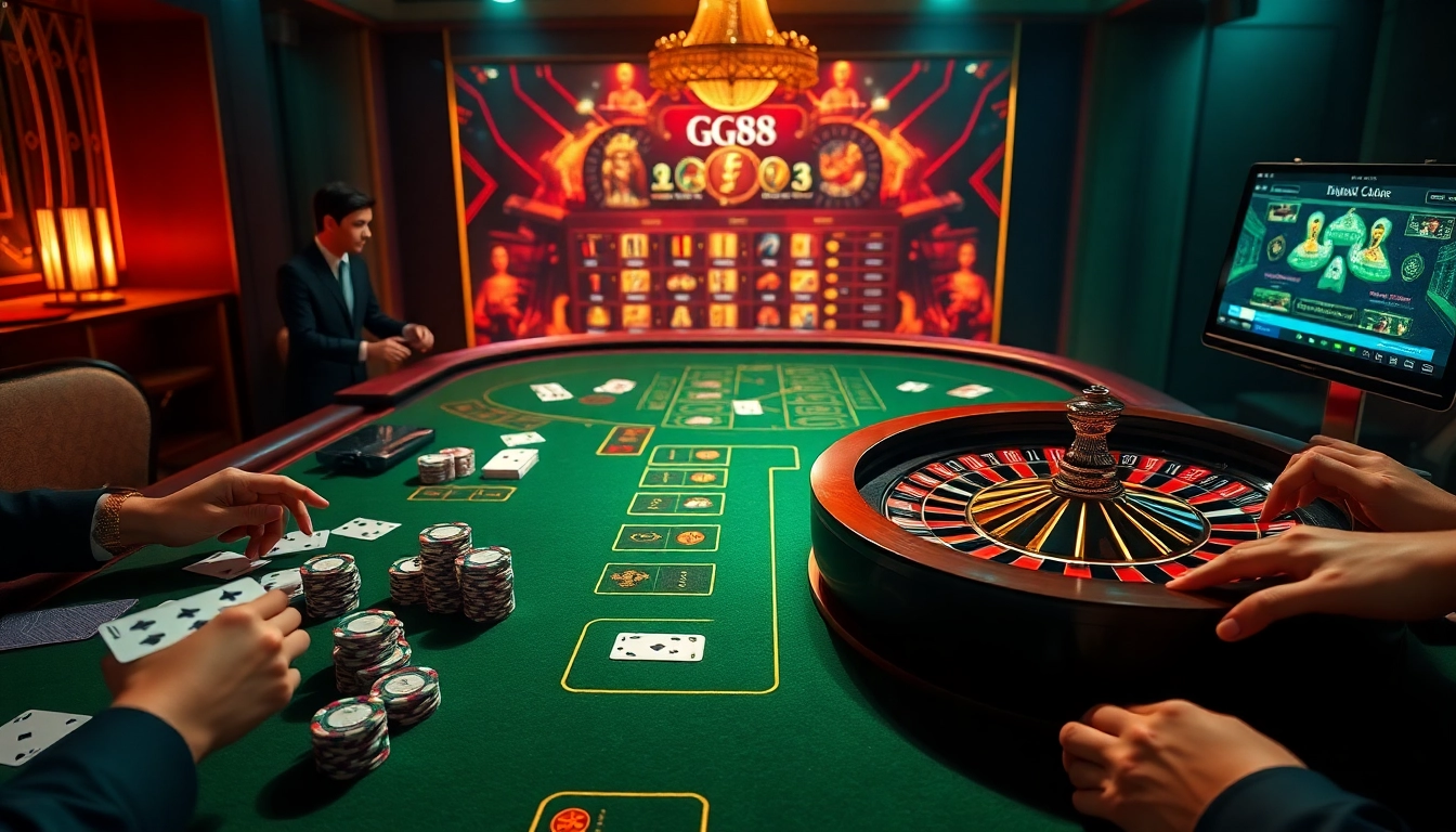 Experience the excitement of nhà cái gg88 with poker chips and cards in a lively casino setting.