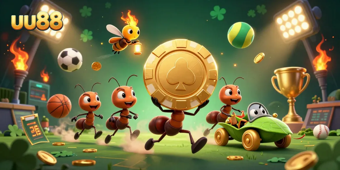 uu88 ants carrying a giant poker chip in a vibrant casino heist scene, full of dynamic sports elements.