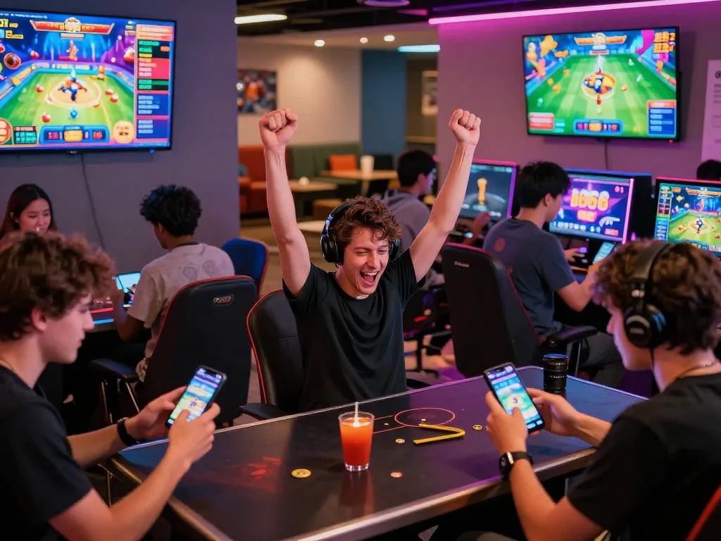 Experience online gaming excitement at https://da88.coach/ with diverse players celebrating wins in a vibrant lounge atmosphere.