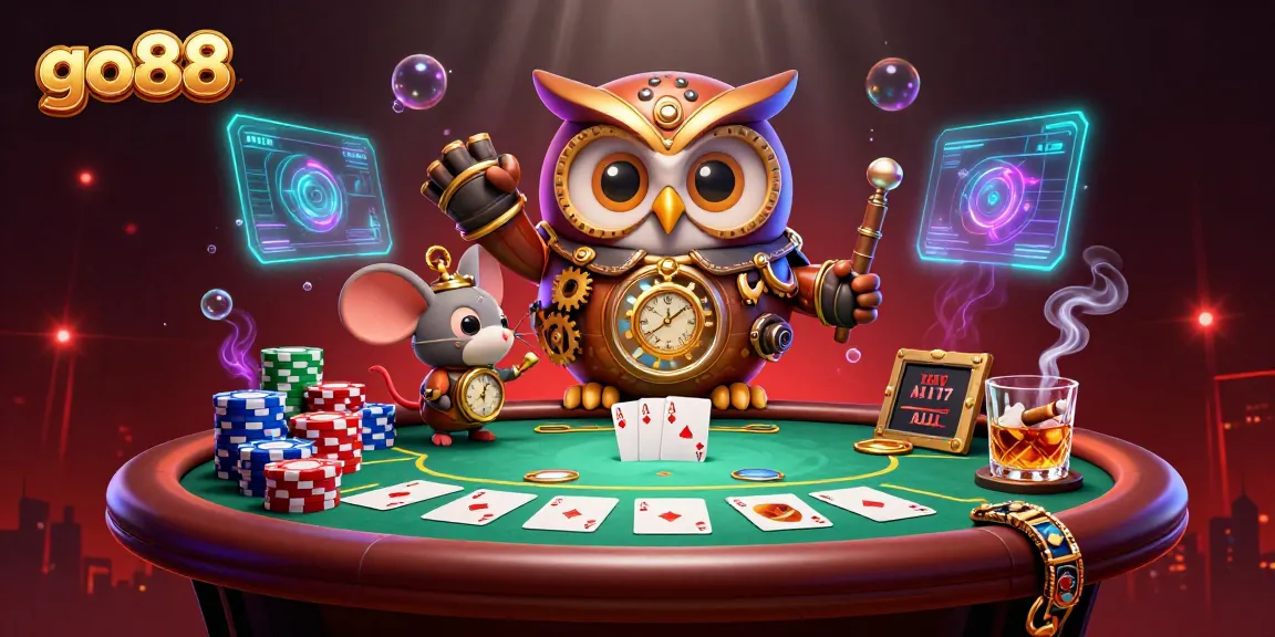 Experience go88's immersive gambling action with a unique owl and mouse duo in this vibrant casino scene.