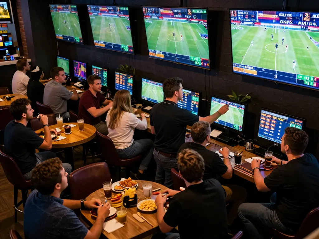 Excited patrons placing bets at 23win sports bar with live game screens showing odds and action