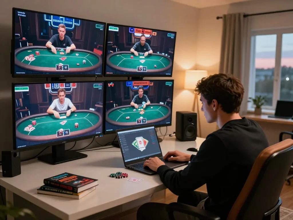 Player engaging in online poker on multiple screens showcasing DA88 games, comfortable home setup, focused atmosphere.