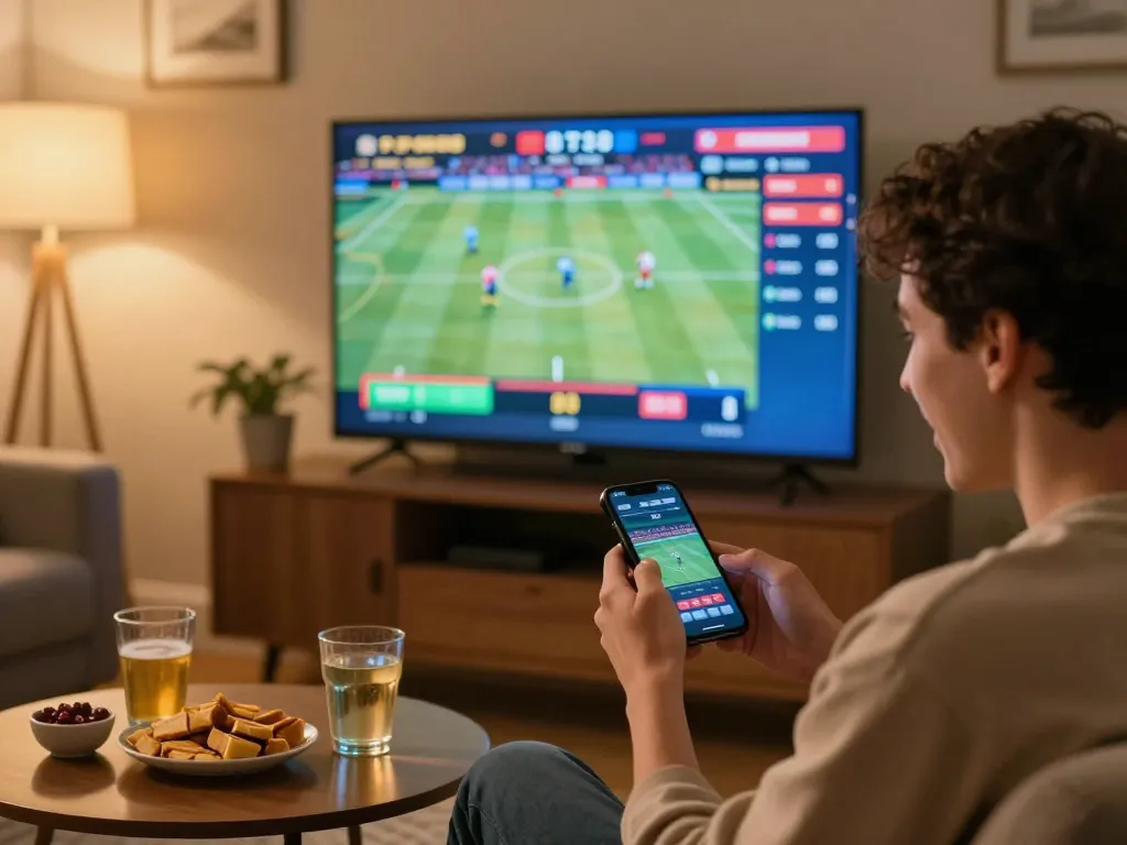 Engaging sports betting moment at home with 88CLUB app on smartphone, showing live odds and excitement.
