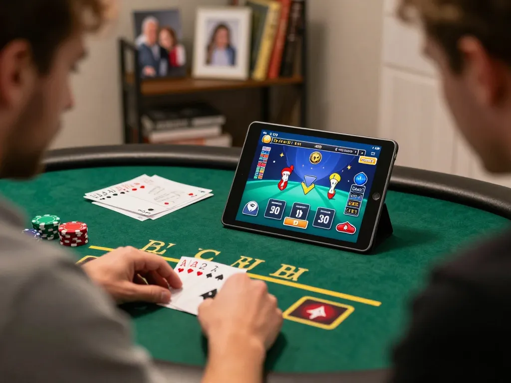 Player engaging in an online blackjack game on qh88go tablet with chips and notes
