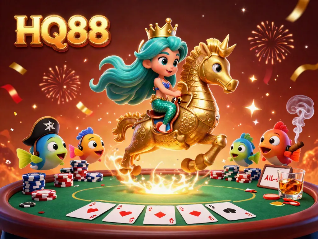 Experience thrilling games with HQ88 while a digital mermaid and seahorse celebrate at the casino scene.