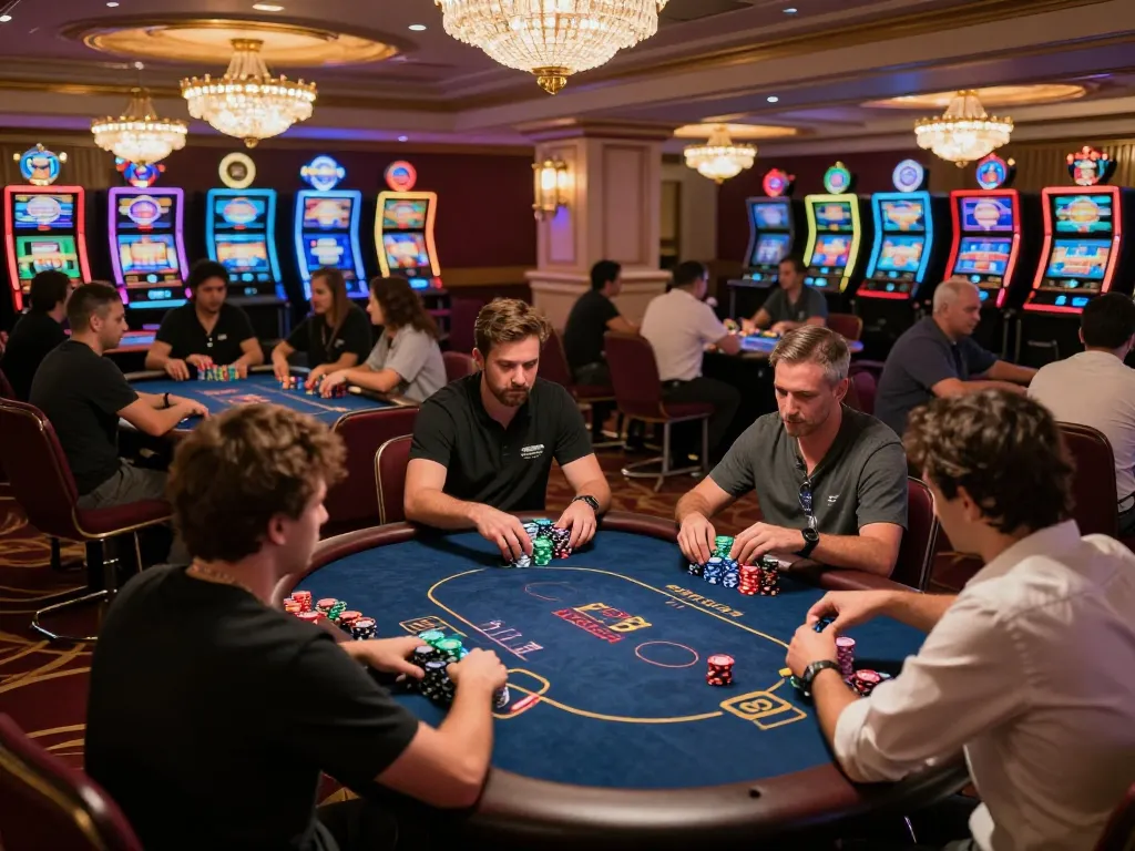 f8betz players engaging in poker strategy at a luxurious casino table under warm ambient lighting