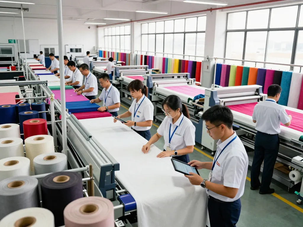 Sunwin textile team collaborating in a vibrant manufacturing environment, showcasing advanced fabric production.