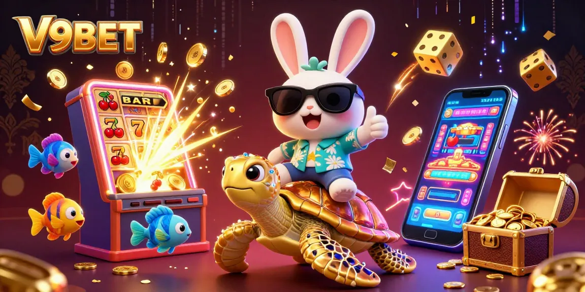V9BET showcases an exciting casino scene with a lucky rabbit and a golden turtle in a vibrant underwater environment.