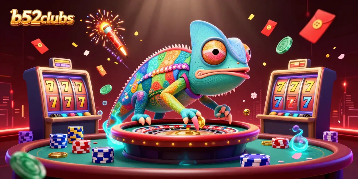 b52clubss offers vibrant casino excitement with a colorful chameleon owner, golden coins, and dynamic game elements.