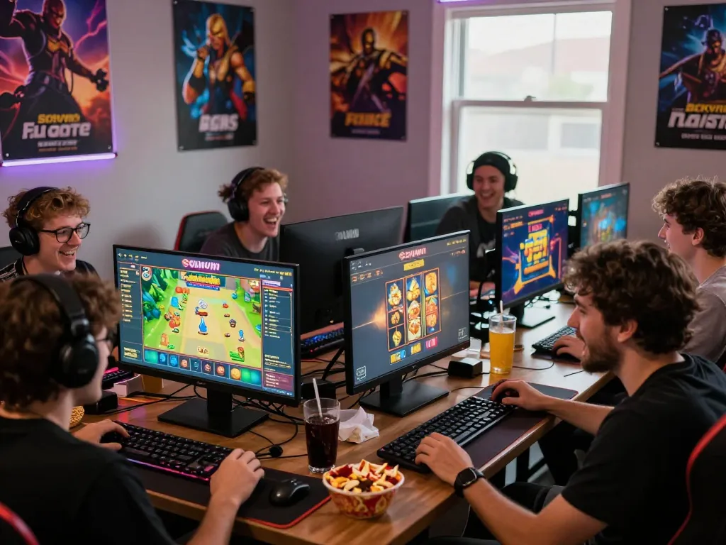 Sun win gaming experience with diverse friends sharing excitement around screens playing various games.