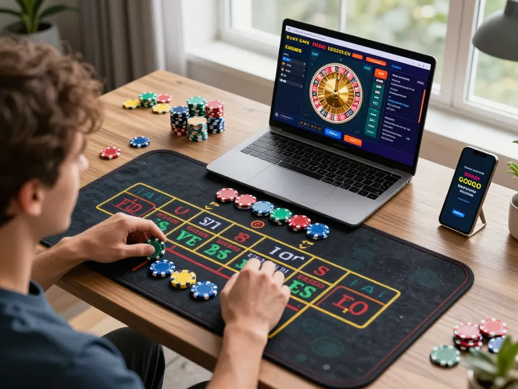 MAX88 player placing bets during dynamic online roulette session at home, showcasing vibrant gameplay.