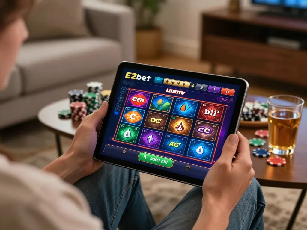 E2bet online gaming experience with person using tablet at home, relaxed atmosphere.