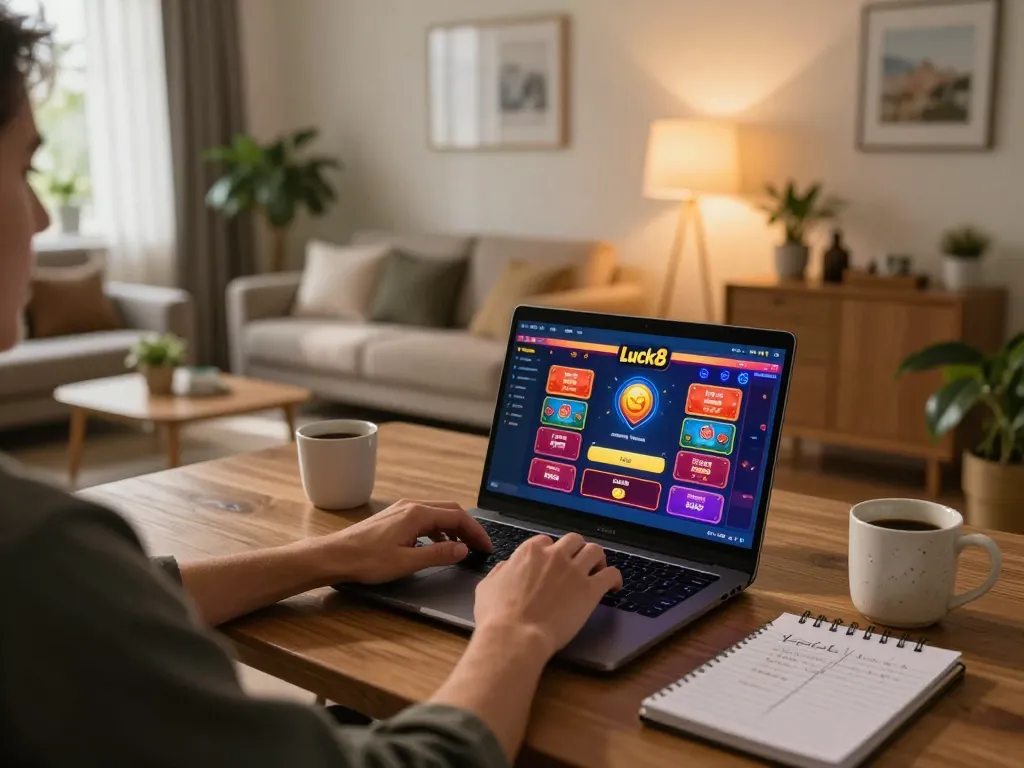 Accessing luck8 đăng nhập on a laptop in a cozy home setting with warm lighting and betting notes.