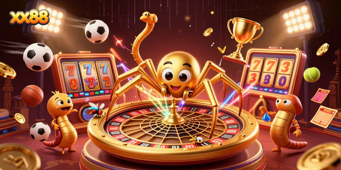 Experience thrilling bets at xx88 with a golden spider spinning a roulette web in an animated casino environment