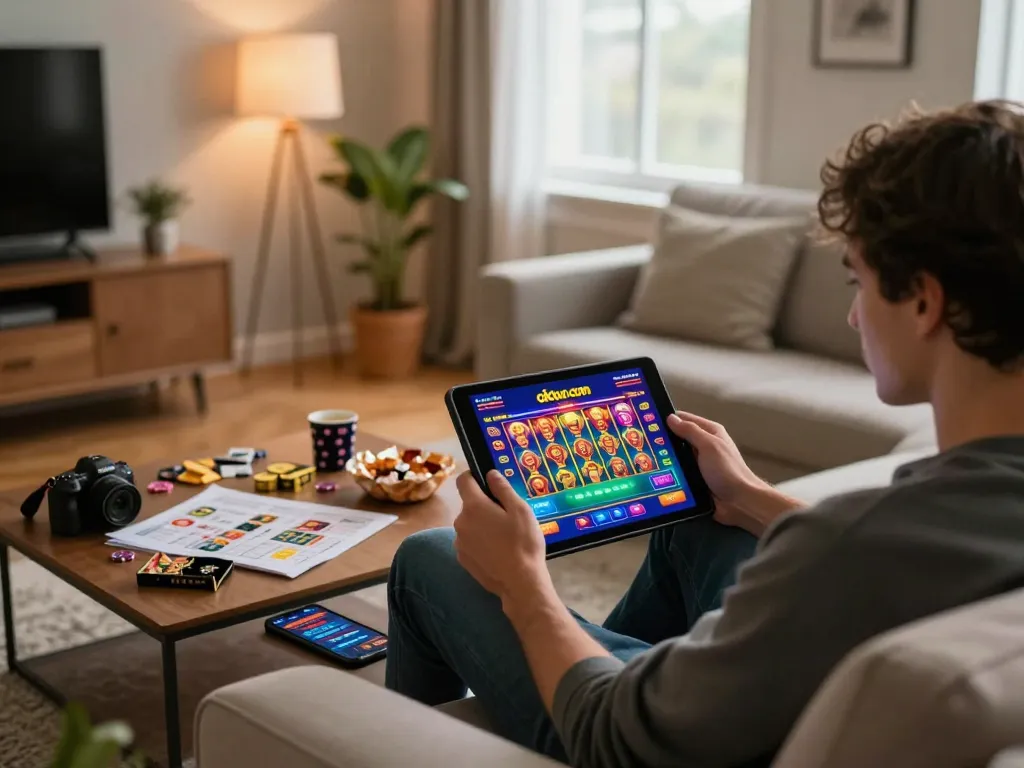 Engaged user plays favorite games on okfun com tablet, showcasing vibrant online casino entertainment at home.
