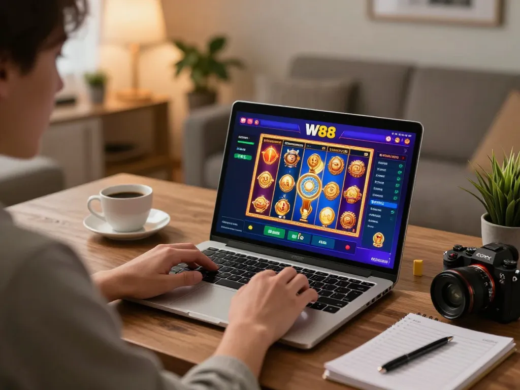 A player exploring exciting slot games at W88 while enjoying a comfortable home setup