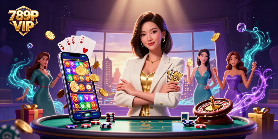 Experience the excitement of 789P VIP with a glamorous Asian woman showcasing thrilling casino elements amidst vibrant game visuals.