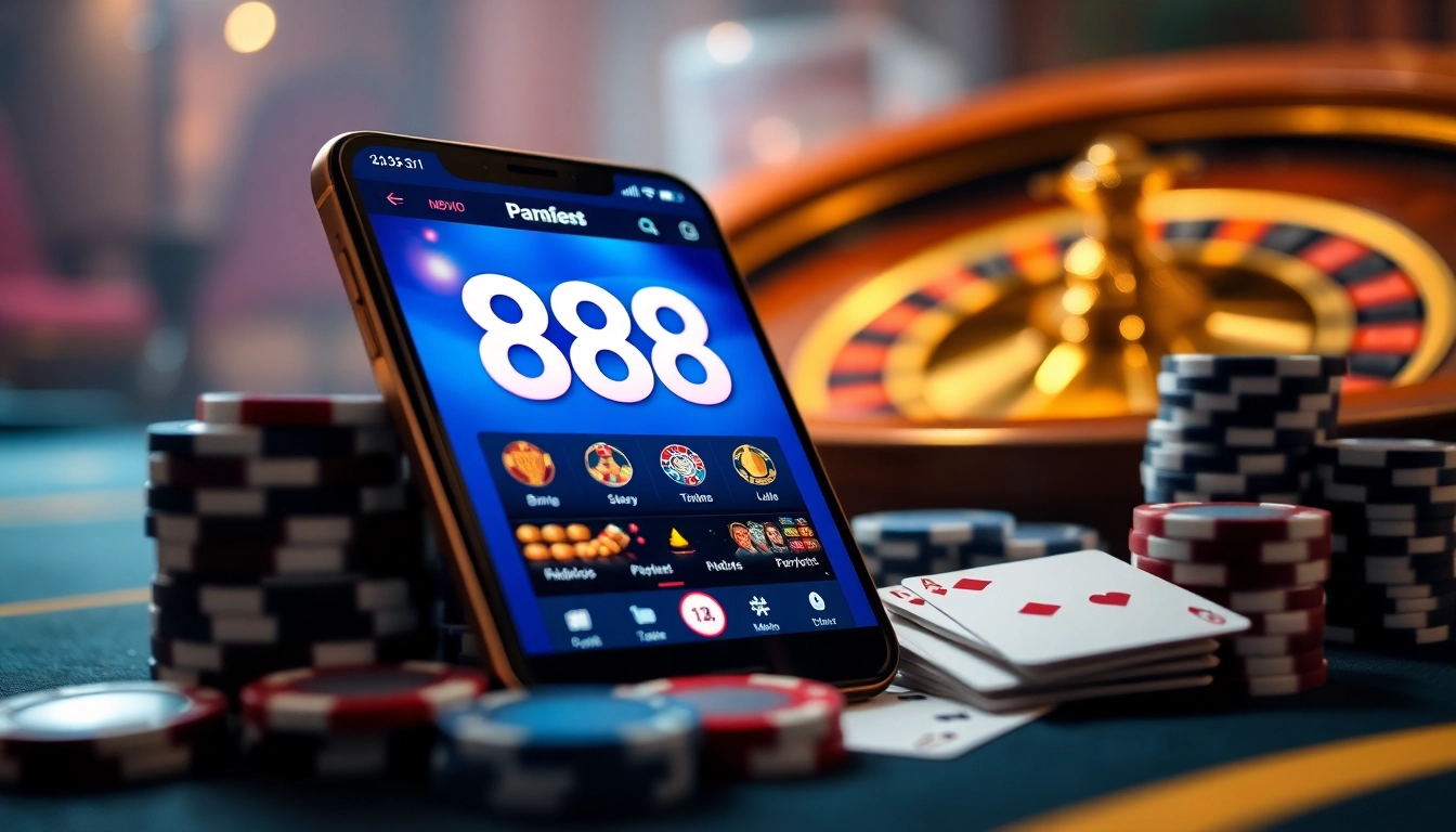 The 888new tải app displayed on a luxurious smartphone amid poker chips and cards, showcasing an exciting gambling experience.