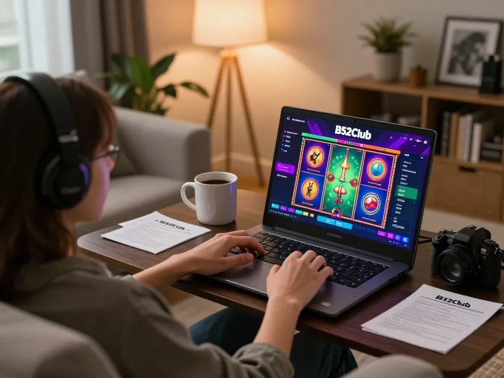 B52Club player engaging in online gaming with colorful slot interfaces and cozy setup.