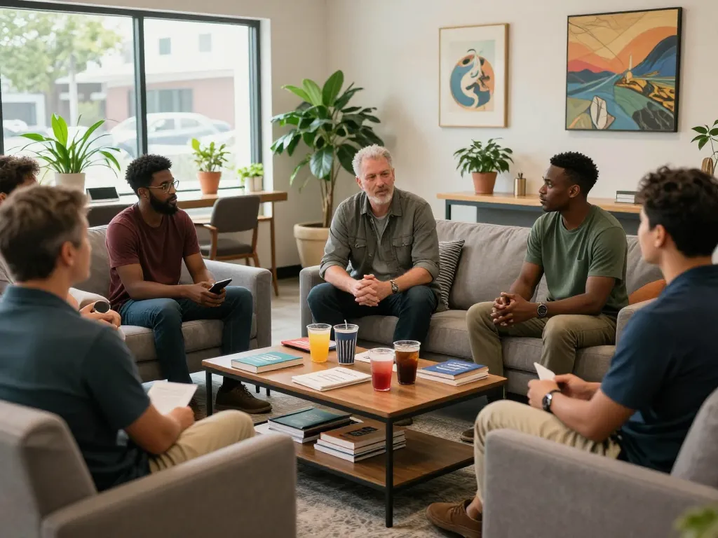 Men engaging in supportive discussions at a community center manclub group meeting, with refreshments and a welcoming atmosphere.