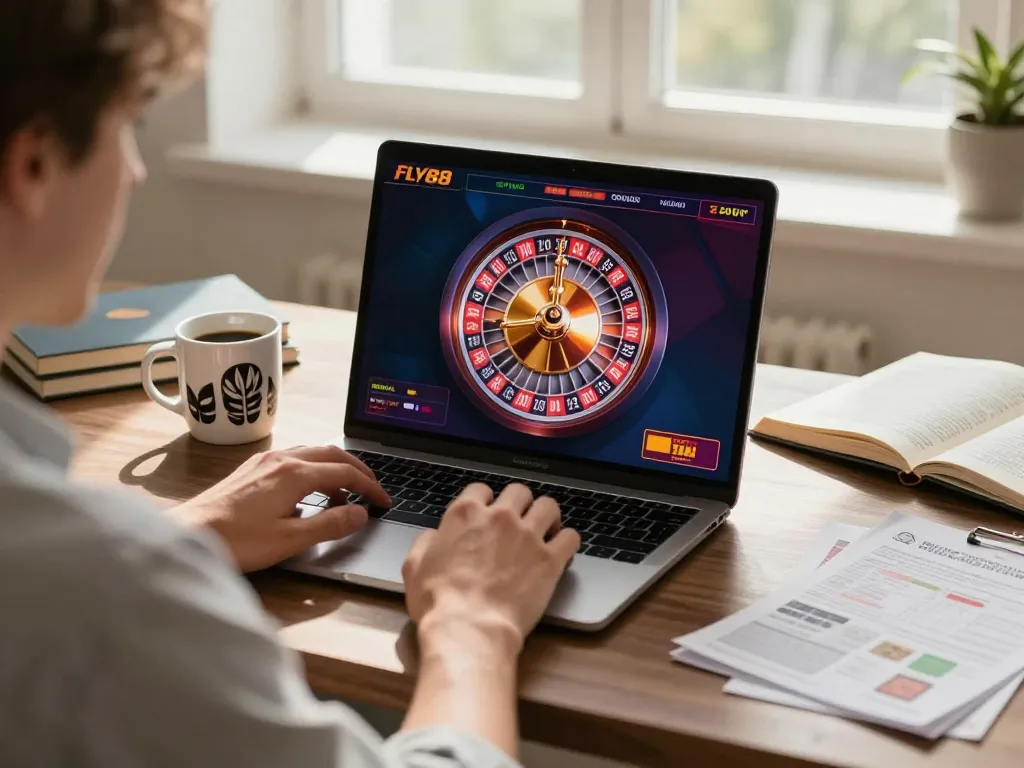FLY88 player engaging in online roulette on a laptop with warm lighting and strategy notes nearby.