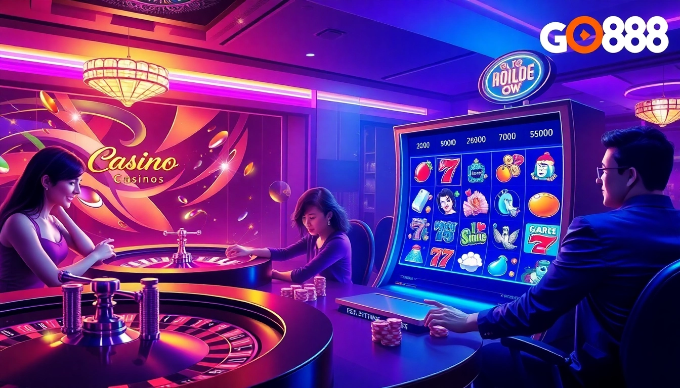 Cổng Game GO88 vibrant online casino featuring poker chips, roulette, and engaging players.