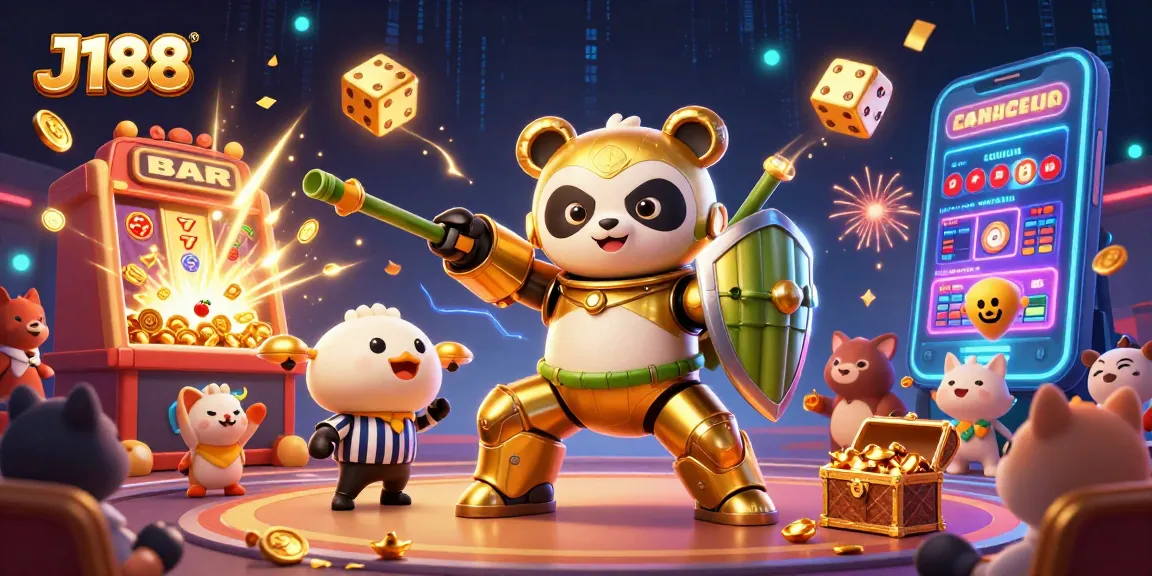 Experience thrilling gameplay with J188's colorful 3D casino illustration showcasing vibrant gaming action.