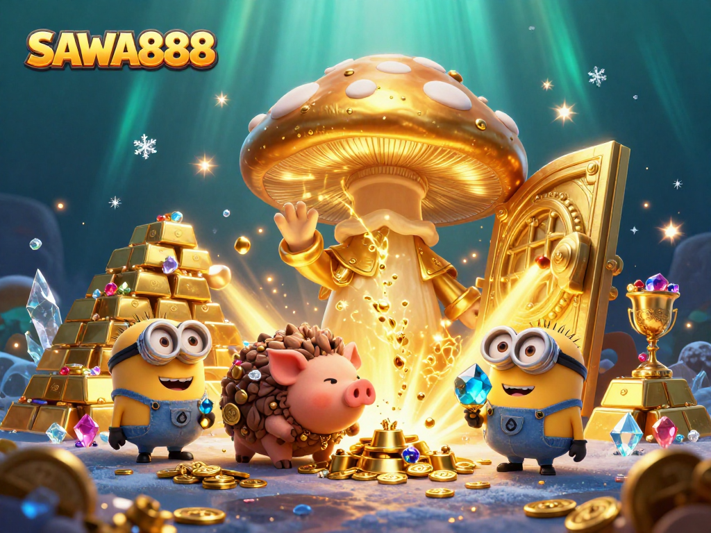 Spin and win with SAWA888, where the golden mushroom wizard reveals treasure amid vibrant casino magic.