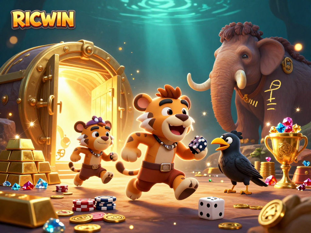 Engage with RICWIN’s thrilling prehistoric casino adventure featuring cartoon characters and treasures.