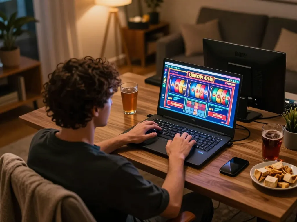 Engaging online gaming session with Bsport revealing vibrant slot graphics on screen, showcasing strategic play.