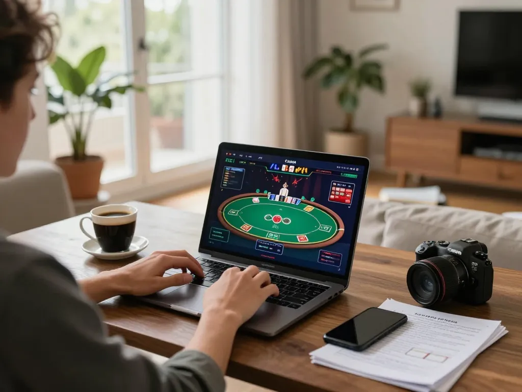 Experience online gameplay at https://go8.agency/ with poker strategies in a cozy home setting.