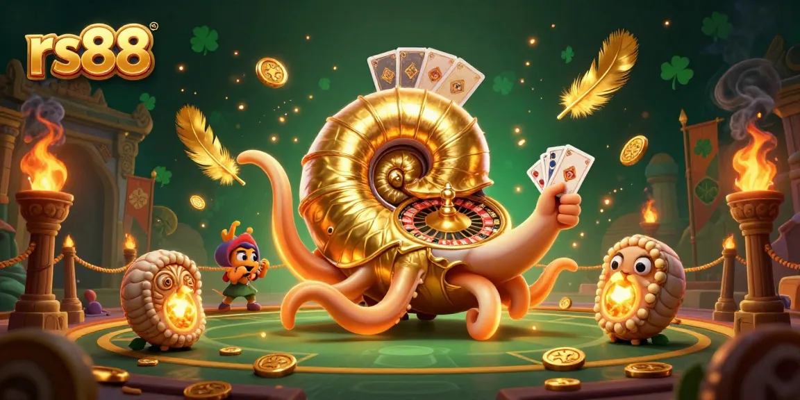 Engaging players with rs88's vibrant casino atmosphere, featuring a giant nautilus roulette wheel and glowing ammonite companions.