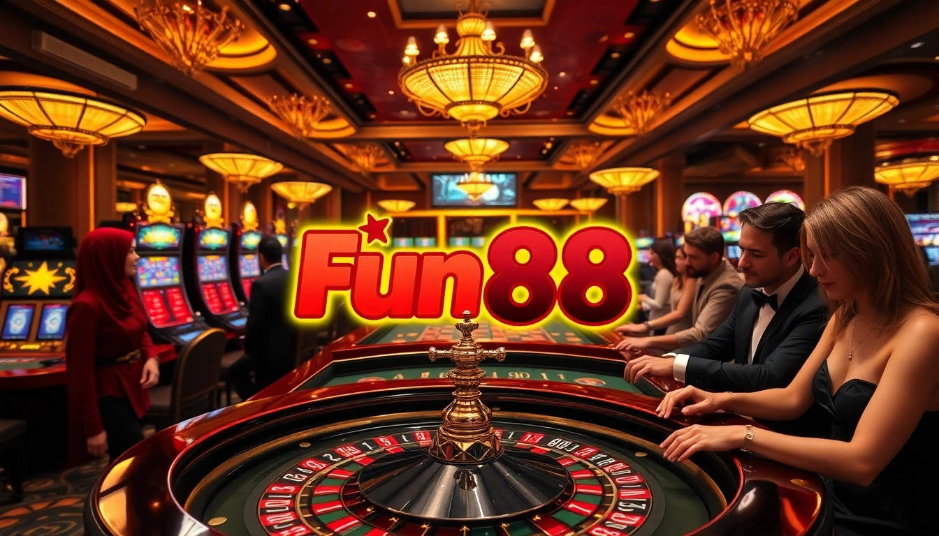 Players enjoy high-stakes gambling at Fun88 casino, showcasing roulette tables and vibrant slot machines.